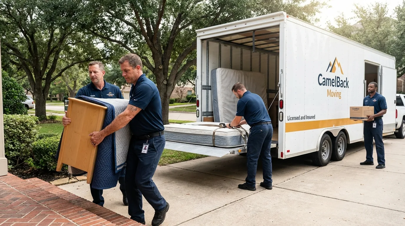 Crew loading residential truck for cross-state move from Southport, NC