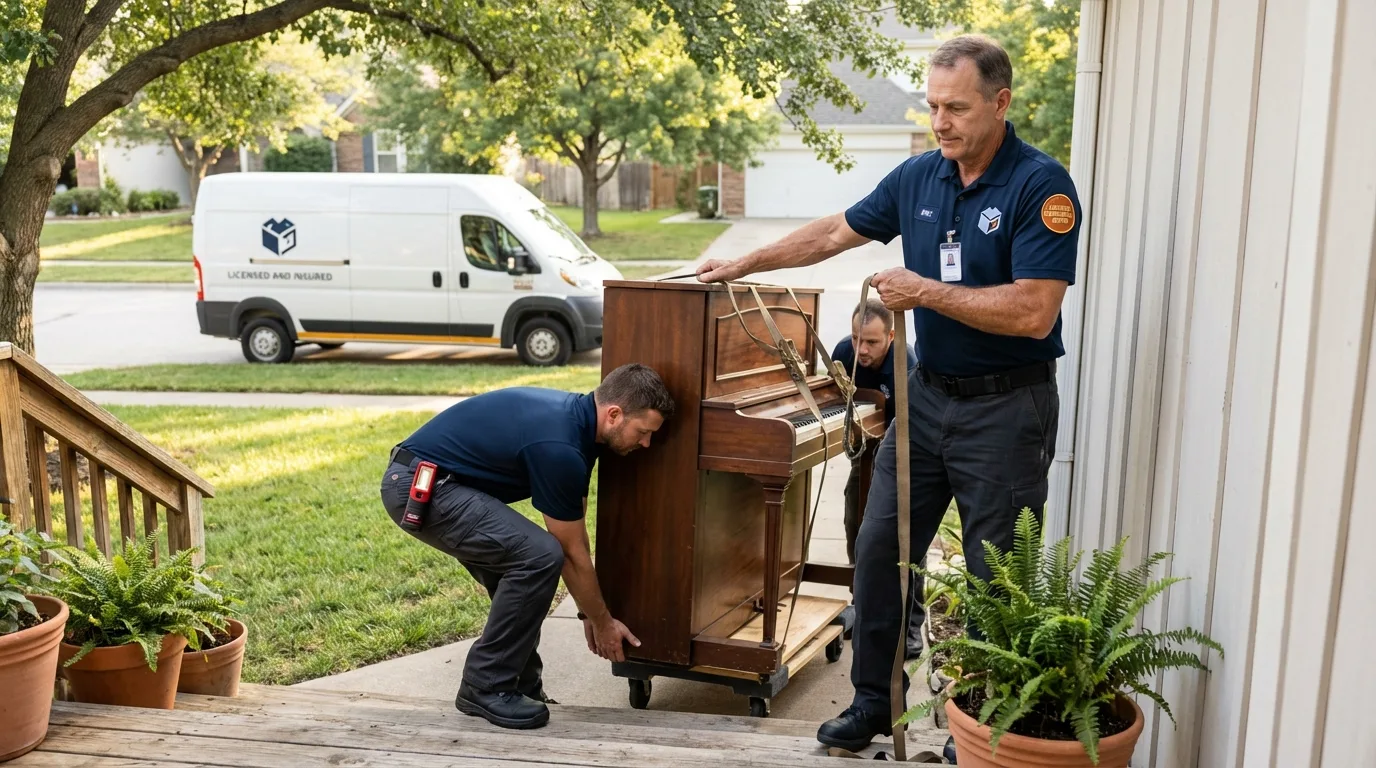 Licensed piano movers securing grand piano in Southport, NC