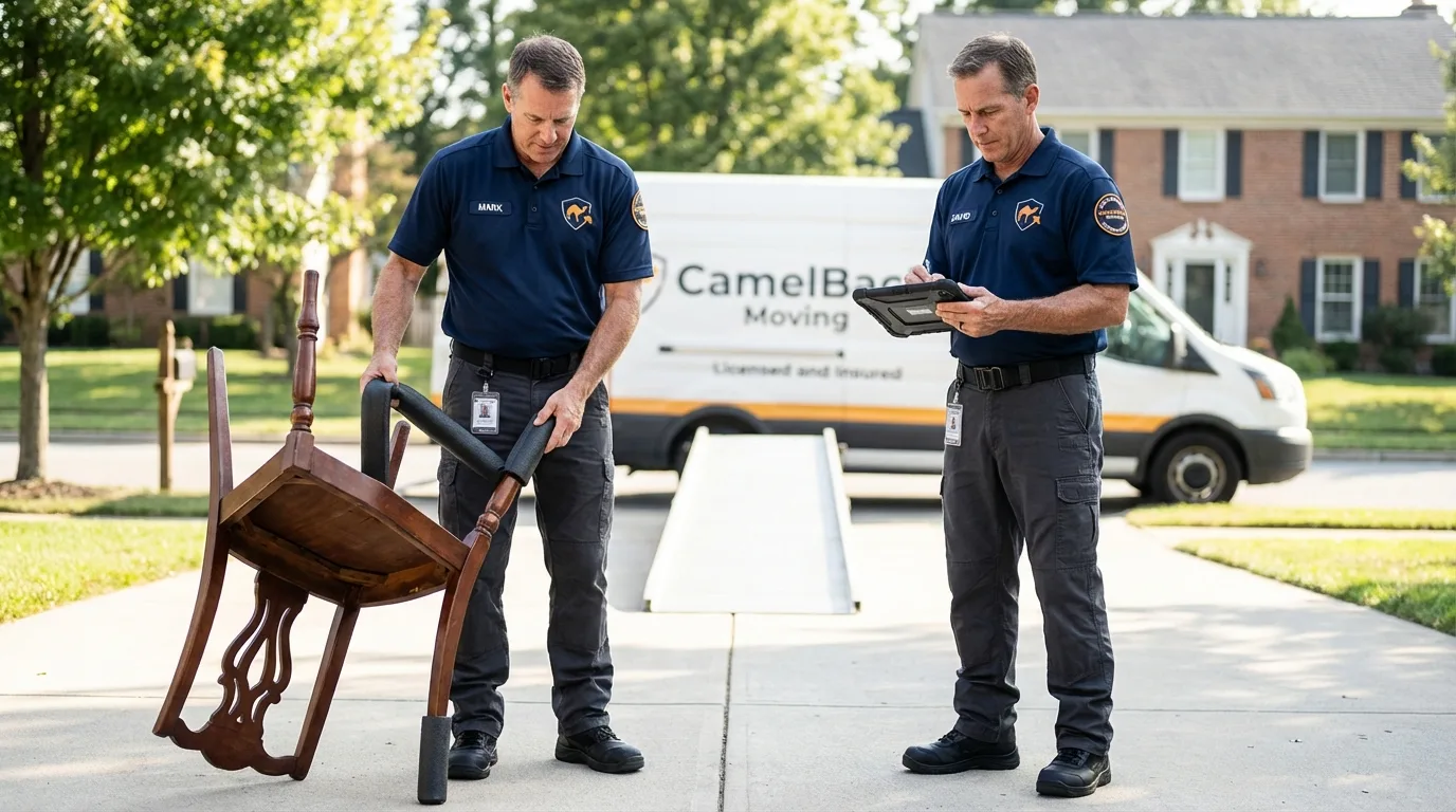 Movers inspecting furniture for damage prevention before loading in Southport, NC