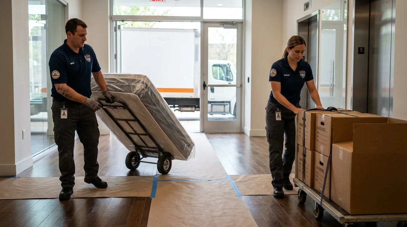 Professional apartment movers loading elevator in Southport, NC