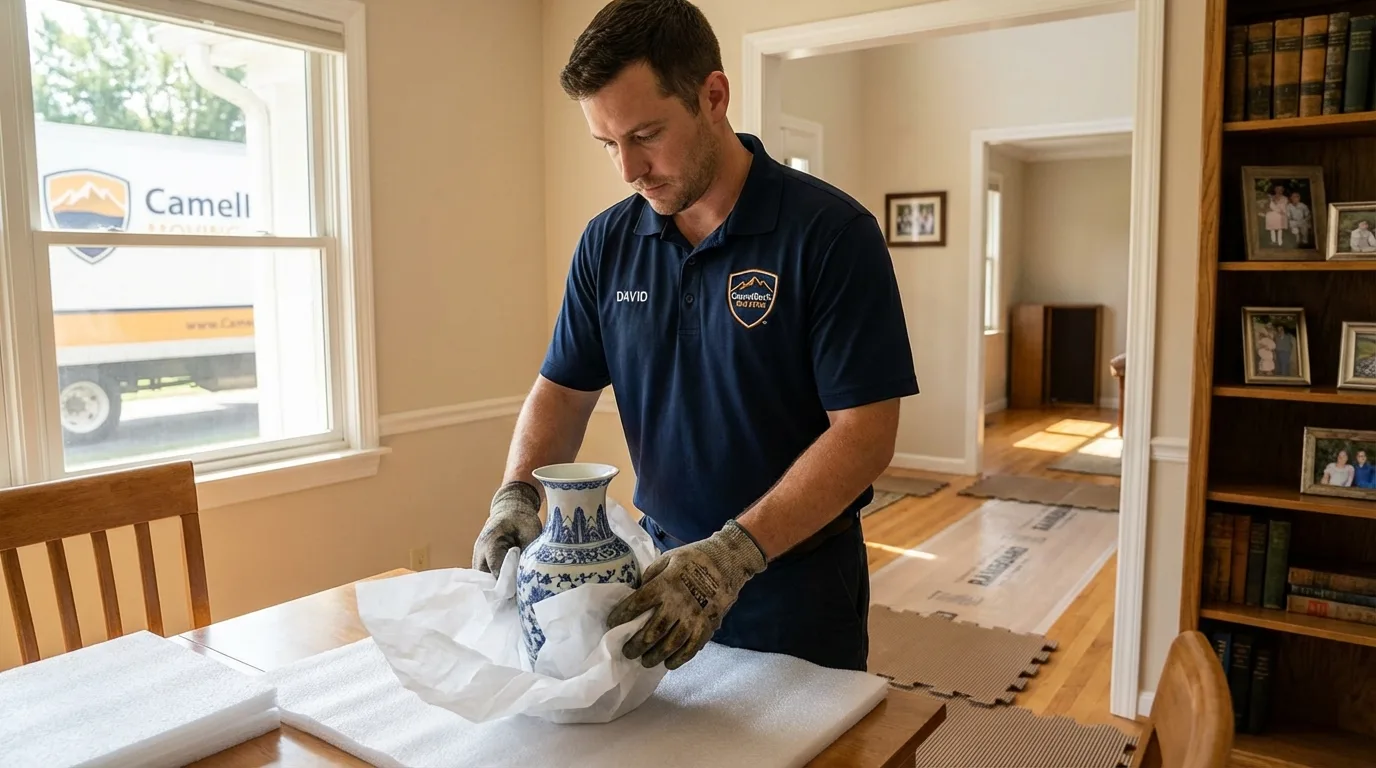 Professional crew carefully wrapping antique vase for senior downsizing move in Southport, NC